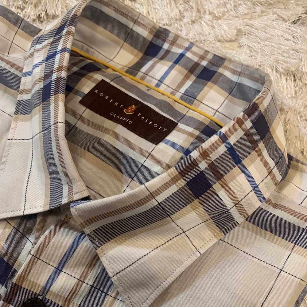 Robert Talbott men’s longsleeved shirt. 2XL classic fit. Tan/blue plaid. Sharp!